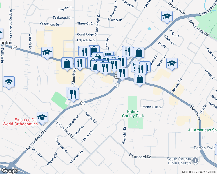 map of restaurants, bars, coffee shops, grocery stores, and more near 9909 Arthur Lane in St. Louis
