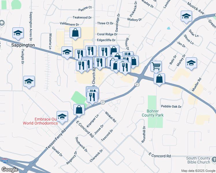 map of restaurants, bars, coffee shops, grocery stores, and more near 11600 Concord Village Avenue in St. Louis