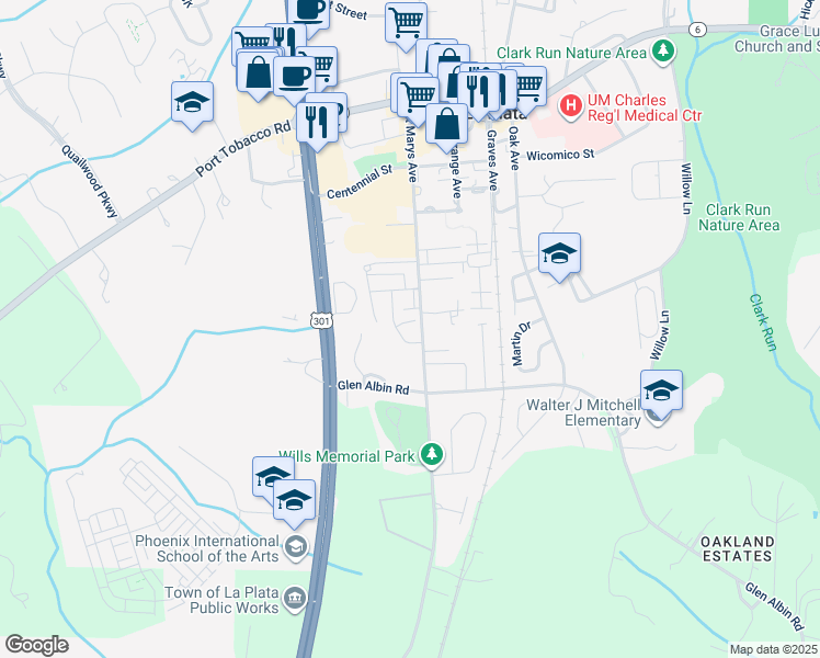 map of restaurants, bars, coffee shops, grocery stores, and more near 105 Palmetto Court in La Plata