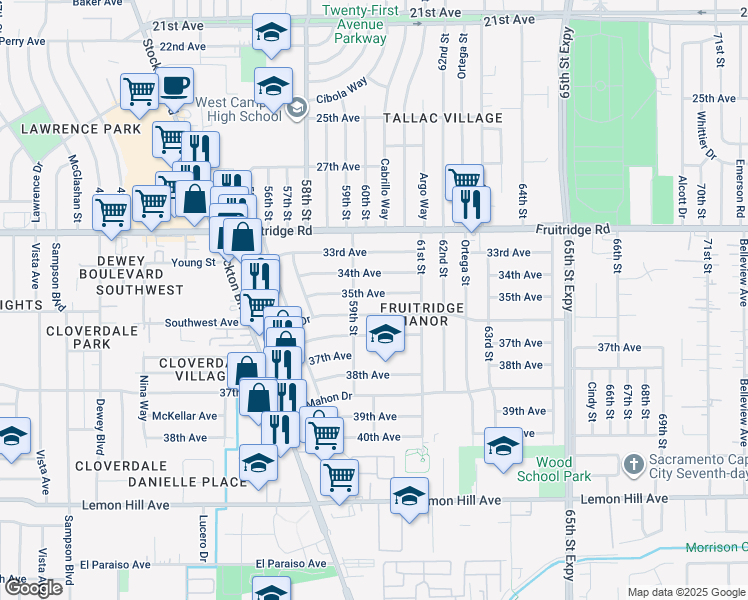 map of restaurants, bars, coffee shops, grocery stores, and more near 6025 35th Avenue in Sacramento