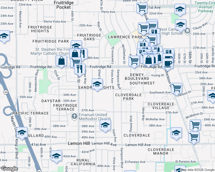 map of restaurants, bars, coffee shops, grocery stores, and more near 5666 Vista Avenue in Sacramento