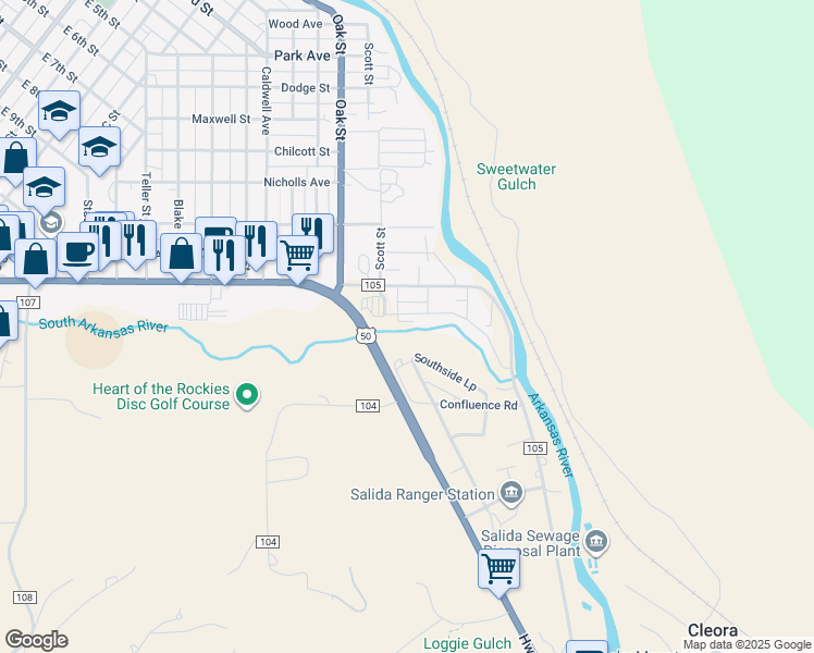 map of restaurants, bars, coffee shops, grocery stores, and more near 214 Two Rivers Road in Salida