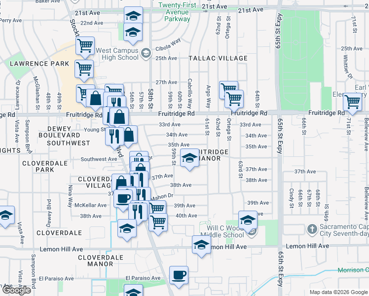 map of restaurants, bars, coffee shops, grocery stores, and more near 6025 35th Avenue in Sacramento