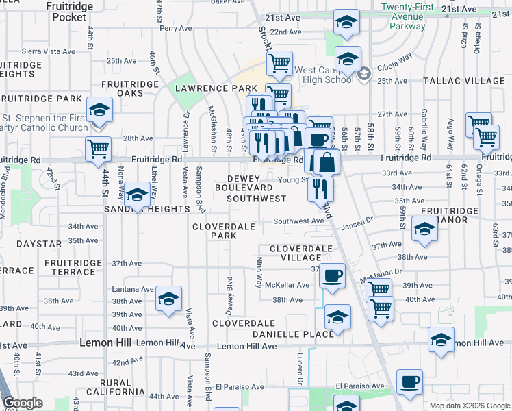 map of restaurants, bars, coffee shops, grocery stores, and more near 5744 Nina Way in Sacramento