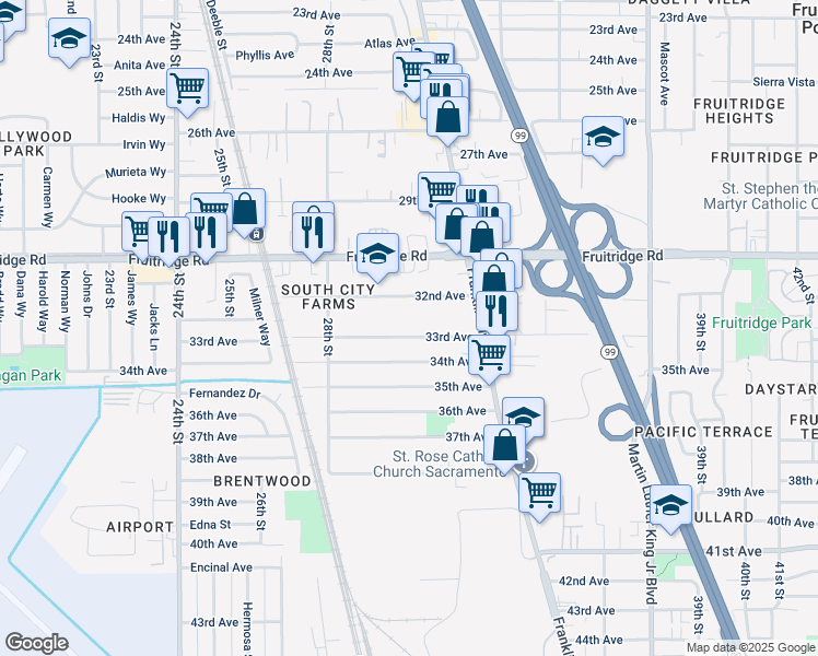map of restaurants, bars, coffee shops, grocery stores, and more near 2991 33rd Avenue in Sacramento