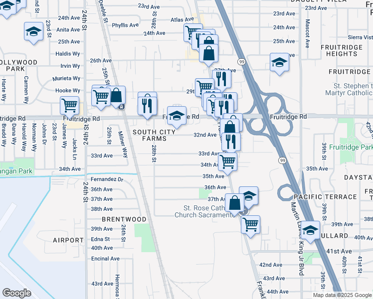 map of restaurants, bars, coffee shops, grocery stores, and more near 2991 33rd Avenue in Sacramento