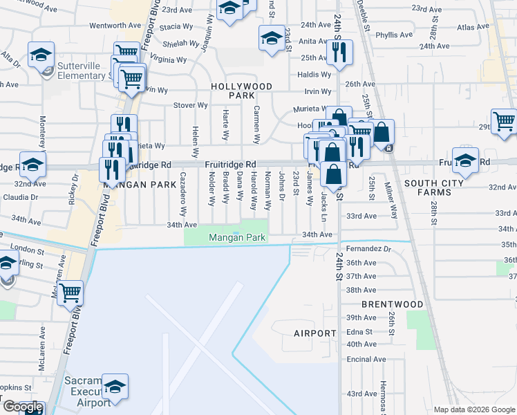map of restaurants, bars, coffee shops, grocery stores, and more near 5645 Harold Way in Sacramento