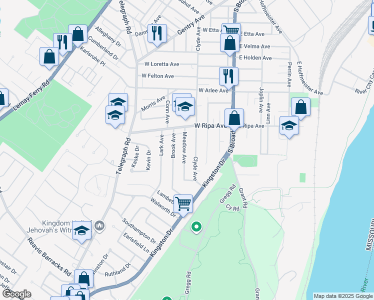 map of restaurants, bars, coffee shops, grocery stores, and more near 9946 Meadow Avenue in St. Louis