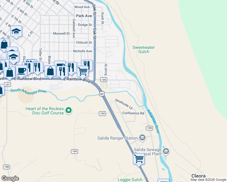 map of restaurants, bars, coffee shops, grocery stores, and more near 214 Two Rivers Road in Salida