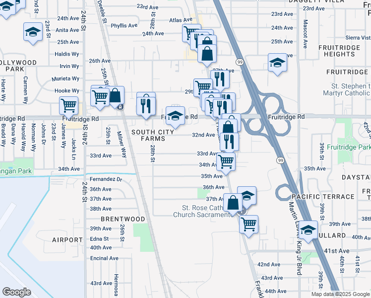 map of restaurants, bars, coffee shops, grocery stores, and more near 2991 33rd Avenue in Sacramento