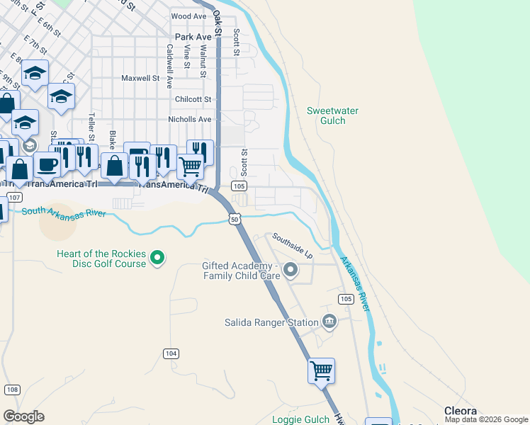 map of restaurants, bars, coffee shops, grocery stores, and more near 214 Two Rivers Road in Salida