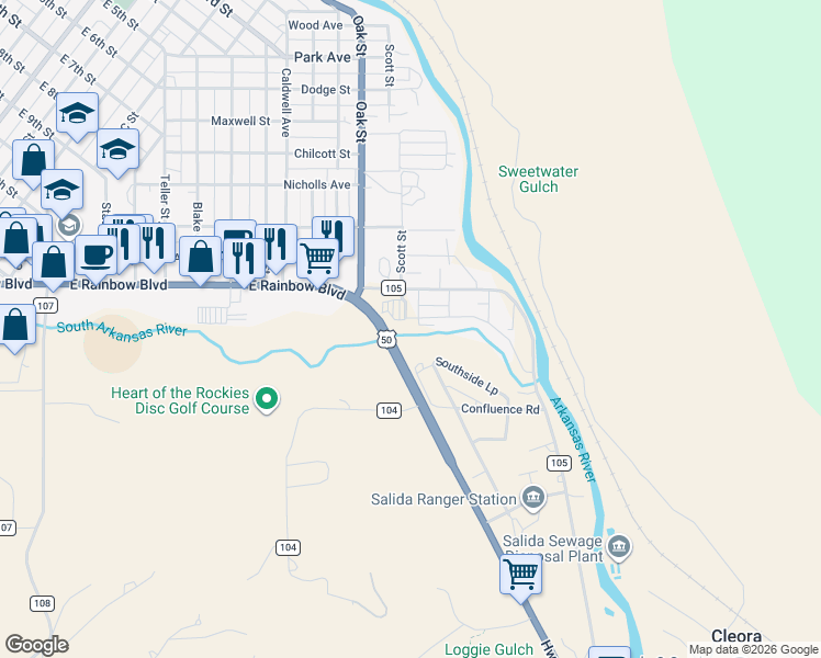 map of restaurants, bars, coffee shops, grocery stores, and more near 214 Two Rivers Road in Salida