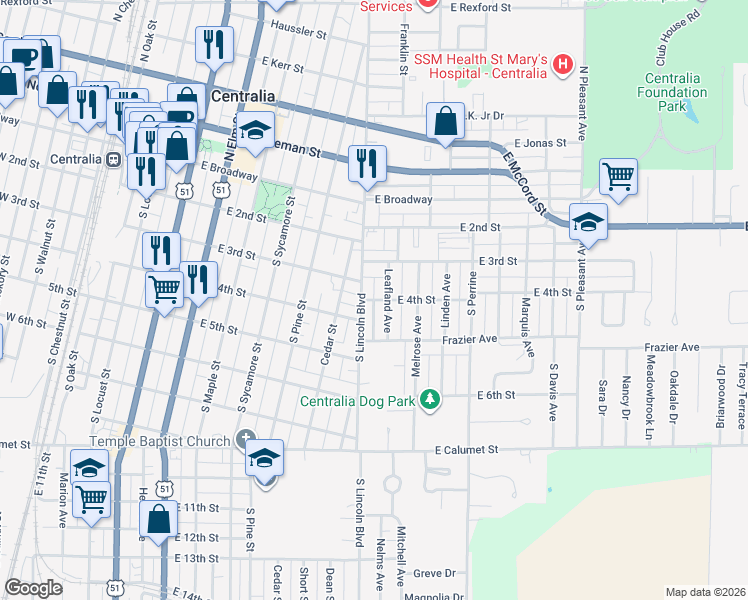 map of restaurants, bars, coffee shops, grocery stores, and more near East 4th Street in Centralia