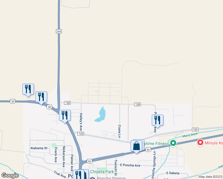map of restaurants, bars, coffee shops, grocery stores, and more near 10480 County Road 128 in Salida