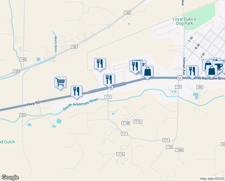 map of restaurants, bars, coffee shops, grocery stores, and more near 7820 U.S. 50 in Salida