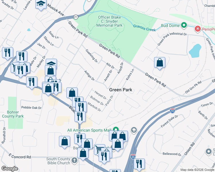 map of restaurants, bars, coffee shops, grocery stores, and more near 10840 Arnett Drive in St. Louis