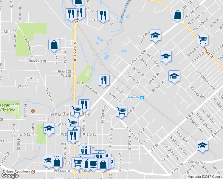 map of restaurants, bars, coffee shops, grocery stores, and more near 410 Lebanon Avenue in Belleville