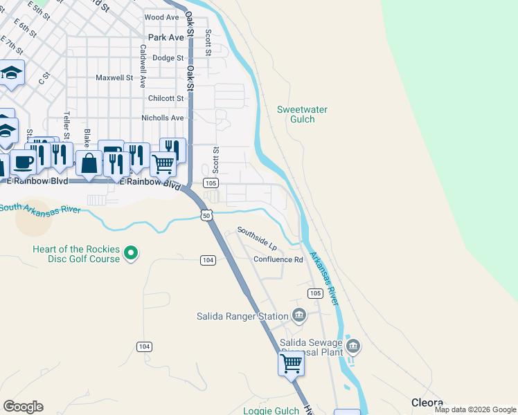 map of restaurants, bars, coffee shops, grocery stores, and more near 326 Two Rivers Road in Salida