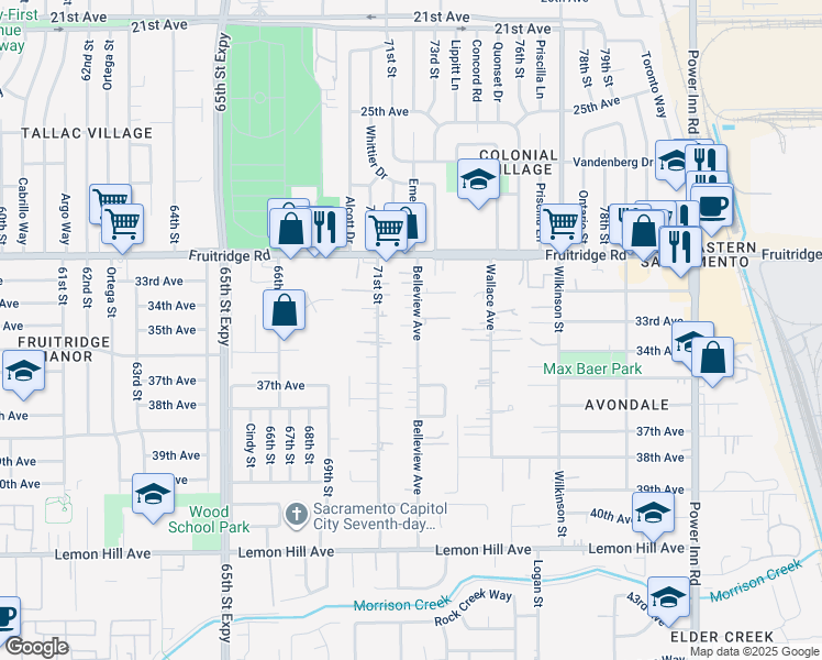 map of restaurants, bars, coffee shops, grocery stores, and more near 5730 Belleview Avenue in Sacramento