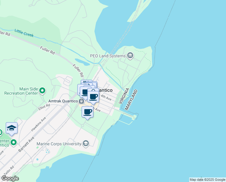 map of restaurants, bars, coffee shops, grocery stores, and more near 219 3rd Avenue in Quantico