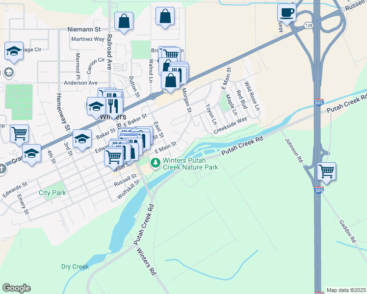 map of restaurants, bars, coffee shops, grocery stores, and more near 32 East Main Street in Winters