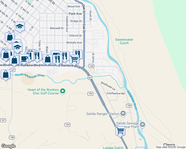 map of restaurants, bars, coffee shops, grocery stores, and more near 214 Two Rivers Road in Salida