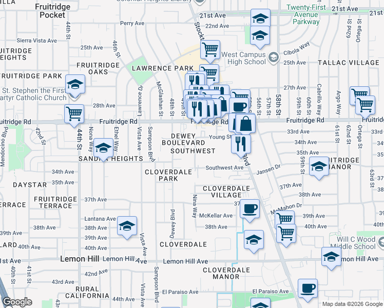 map of restaurants, bars, coffee shops, grocery stores, and more near 5744 Nina Way in Sacramento