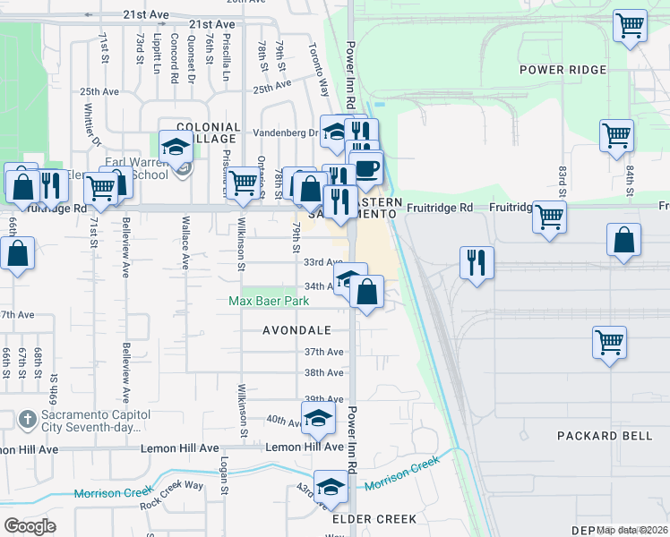map of restaurants, bars, coffee shops, grocery stores, and more near 8012 33rd Avenue in Sacramento