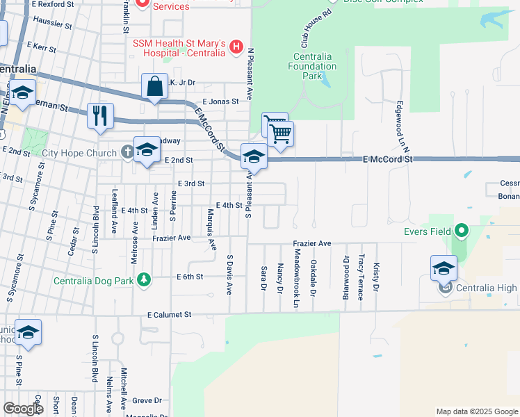 map of restaurants, bars, coffee shops, grocery stores, and more near 1428-1440 East 4th Street in Centralia