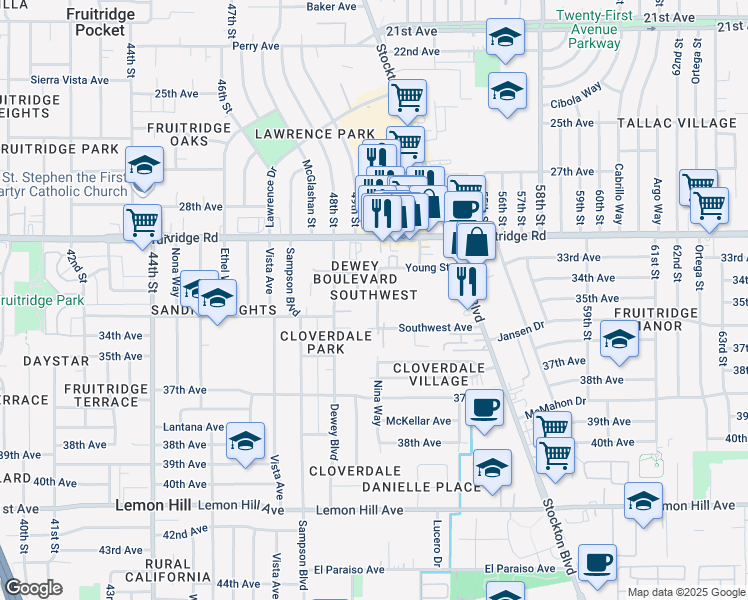 map of restaurants, bars, coffee shops, grocery stores, and more near 5748 Nina Way in Sacramento