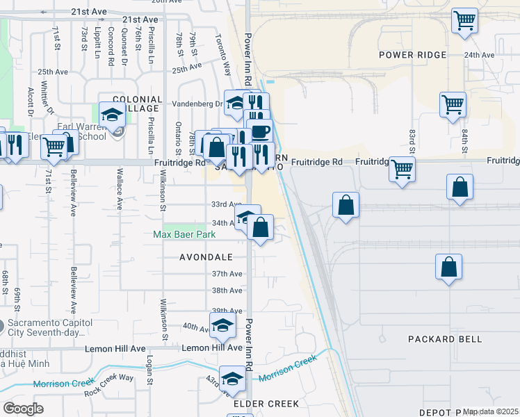 map of restaurants, bars, coffee shops, grocery stores, and more near 5705 Power Inn Road in Sacramento