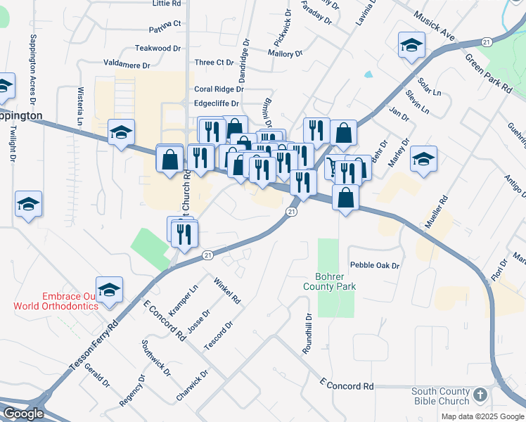 map of restaurants, bars, coffee shops, grocery stores, and more near 9909 Arthur Lane in St. Louis