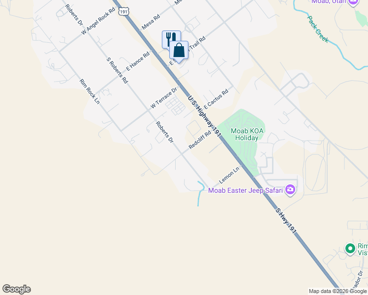 map of restaurants, bars, coffee shops, grocery stores, and more near 3341 Redcliff Road in Moab