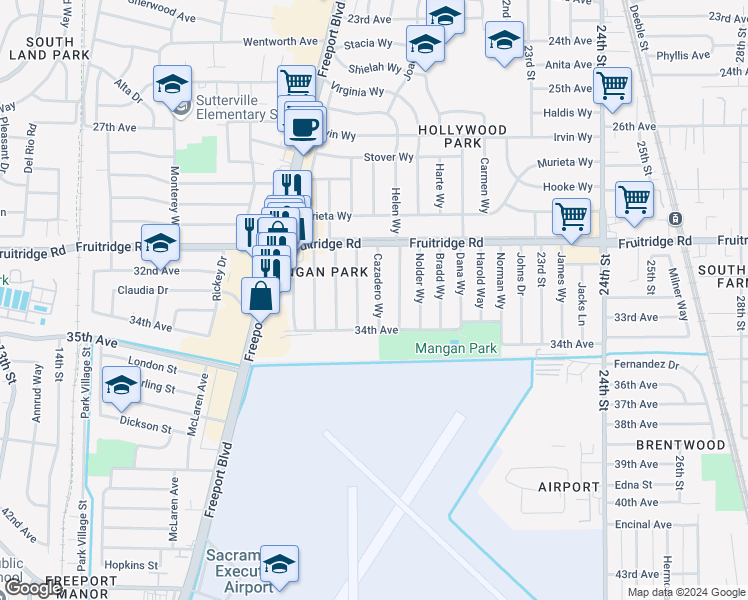 map of restaurants, bars, coffee shops, grocery stores, and more near 5648 Cazadero Way in Sacramento
