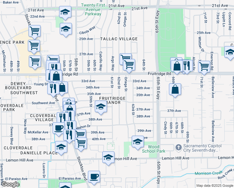 map of restaurants, bars, coffee shops, grocery stores, and more near 5749 62nd Street in Sacramento