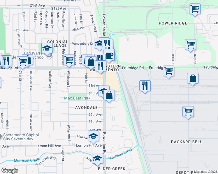 map of restaurants, bars, coffee shops, grocery stores, and more near 5705 Power Inn Road in Sacramento