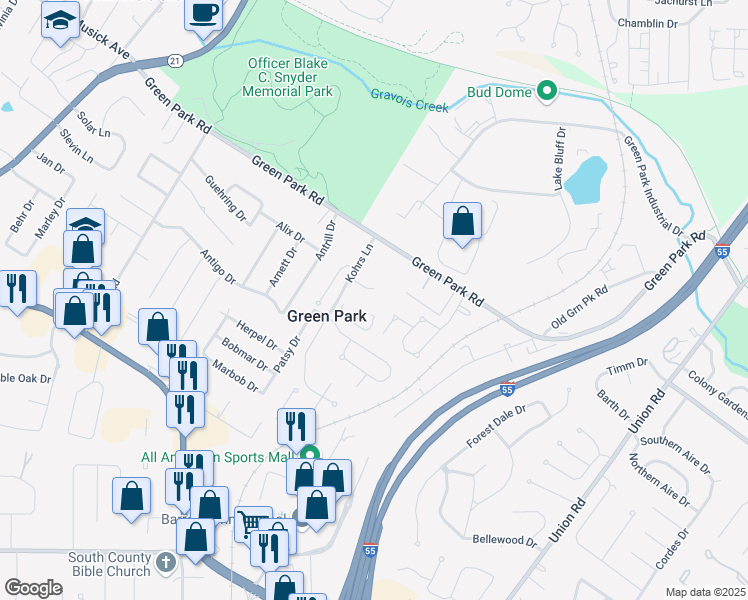 map of restaurants, bars, coffee shops, grocery stores, and more near 9406 Green Park Gardens Drive in St. Louis