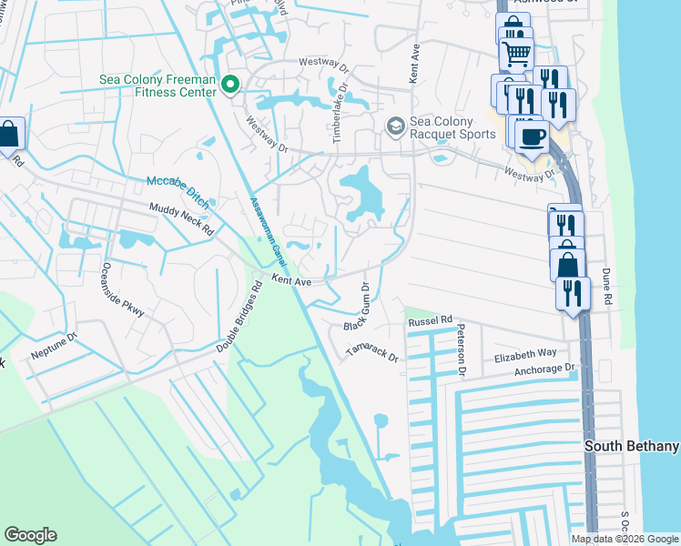map of restaurants, bars, coffee shops, grocery stores, and more near 39249 Freeport Court in South Bethany