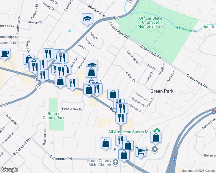 map of restaurants, bars, coffee shops, grocery stores, and more near 11021 Acton Dr in St Louis