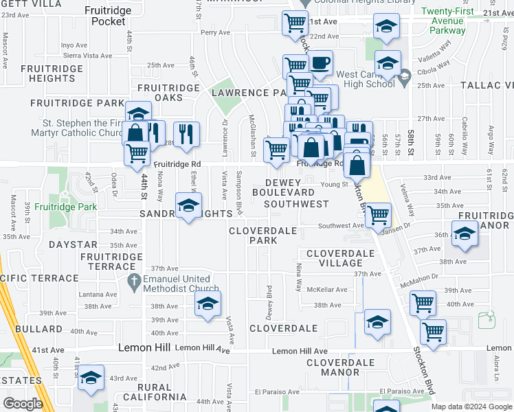 map of restaurants, bars, coffee shops, grocery stores, and more near 5736 Falconer Way in Sacramento