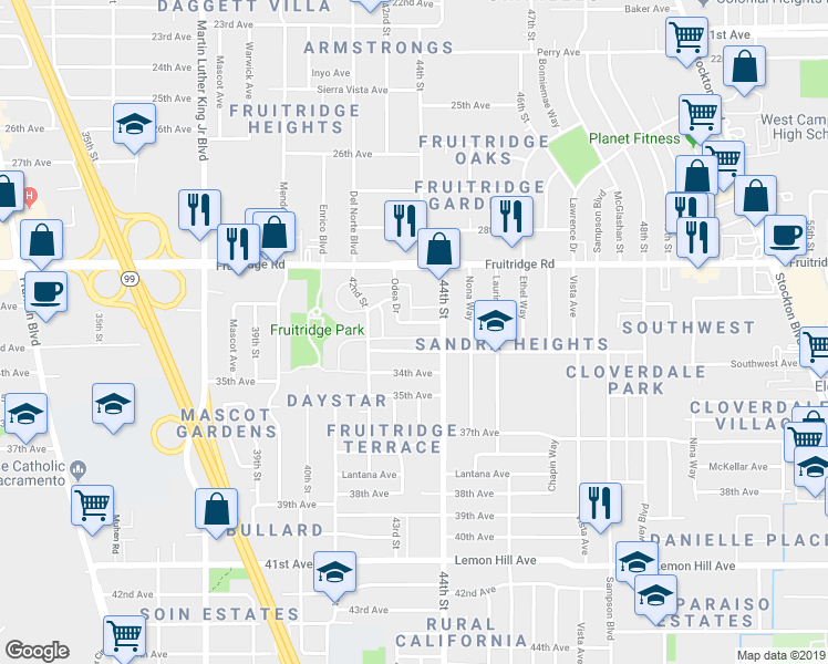 map of restaurants, bars, coffee shops, grocery stores, and more near 5656 Odea Drive in Sacramento