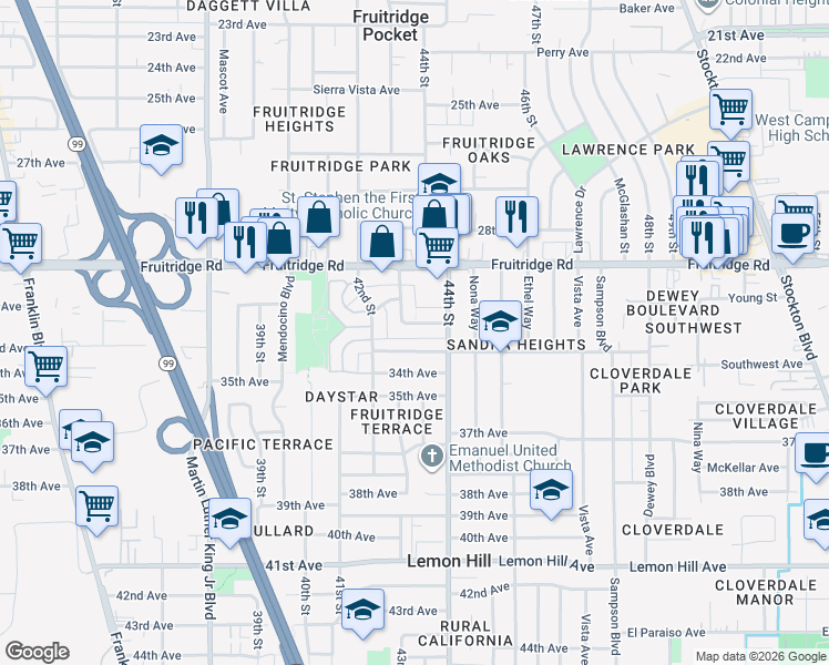 map of restaurants, bars, coffee shops, grocery stores, and more near 5656 Odea Drive in Sacramento
