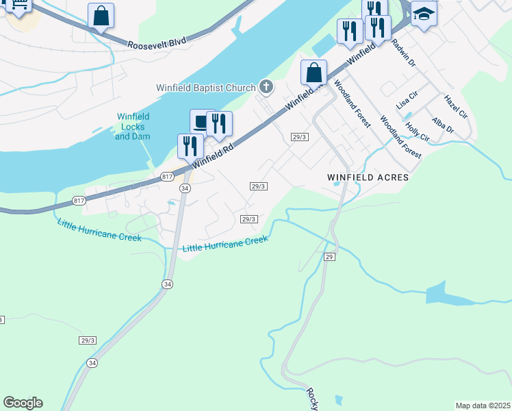 map of restaurants, bars, coffee shops, grocery stores, and more near 345 Winfield Ave in Winfield