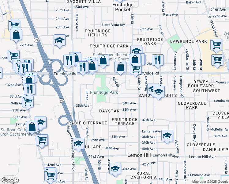 map of restaurants, bars, coffee shops, grocery stores, and more near 4117 Gaddi Drive in Sacramento