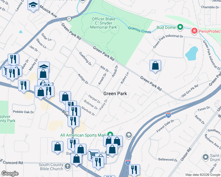 map of restaurants, bars, coffee shops, grocery stores, and more near 10949 Clydesdale Manors Court in St. Louis
