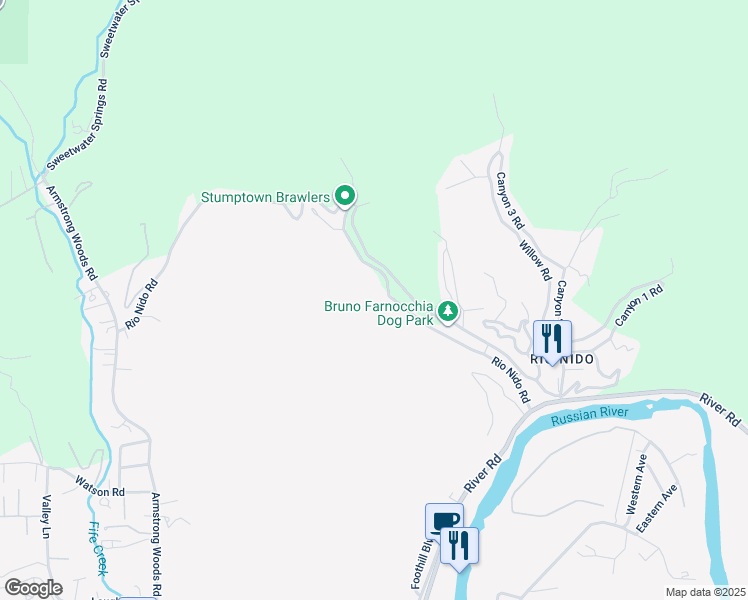 map of restaurants, bars, coffee shops, grocery stores, and more near 15050 Rio Nido Road in Guerneville