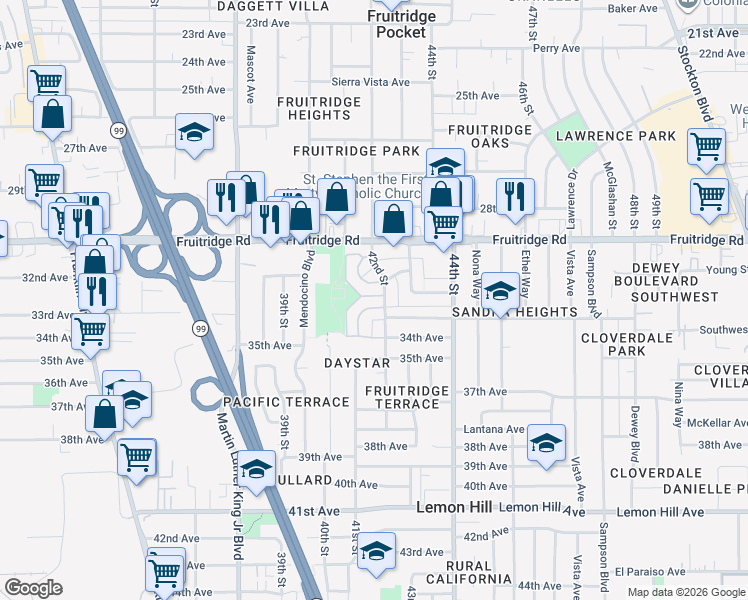 map of restaurants, bars, coffee shops, grocery stores, and more near 4105 Gaddi Drive in Sacramento
