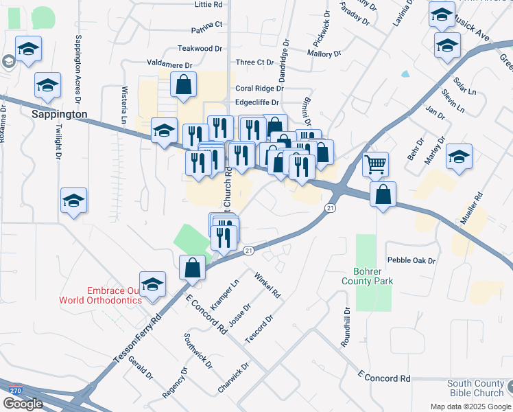 map of restaurants, bars, coffee shops, grocery stores, and more near 11600 Concord Village Avenue in St. Louis