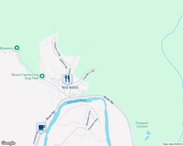 map of restaurants, bars, coffee shops, grocery stores, and more near 14640 Canyon 1 Road in Guerneville