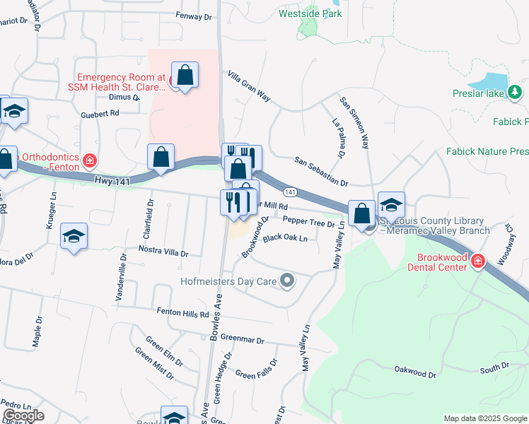 map of restaurants, bars, coffee shops, grocery stores, and more near 9 Brookwood Drive in Fenton